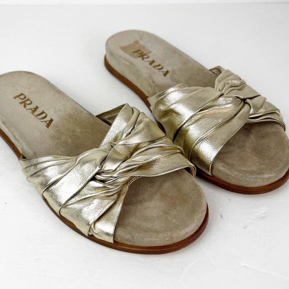 SZ 37.5 Prada Metallic Gold Leather Slide Sandals - Picture 1 of 7